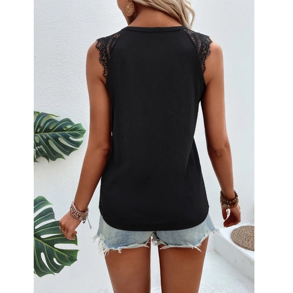 Black Rib Knit Lace Detail Tank Top Tee Shirt - Picture 3 of 8